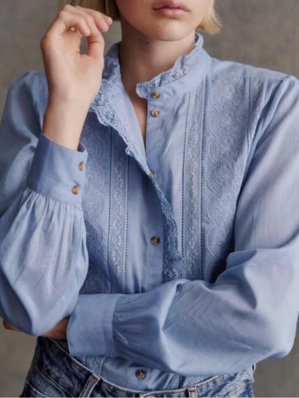 Sezane Chlo Shirt Vintage Blue Lace Size 38 6